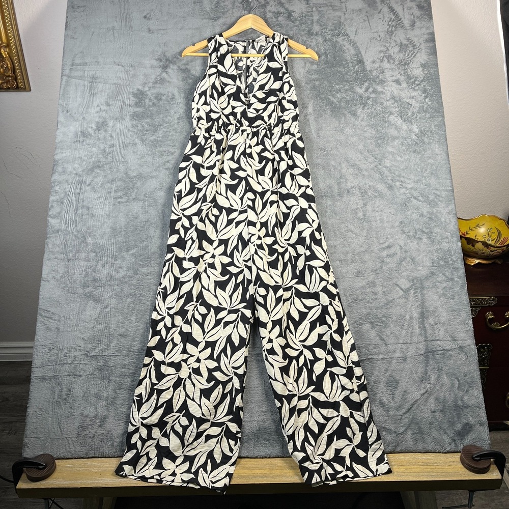 A New Day Jumpsuit Womens Small Black White Tropical Leaf Cinched Waist Wide Leg
